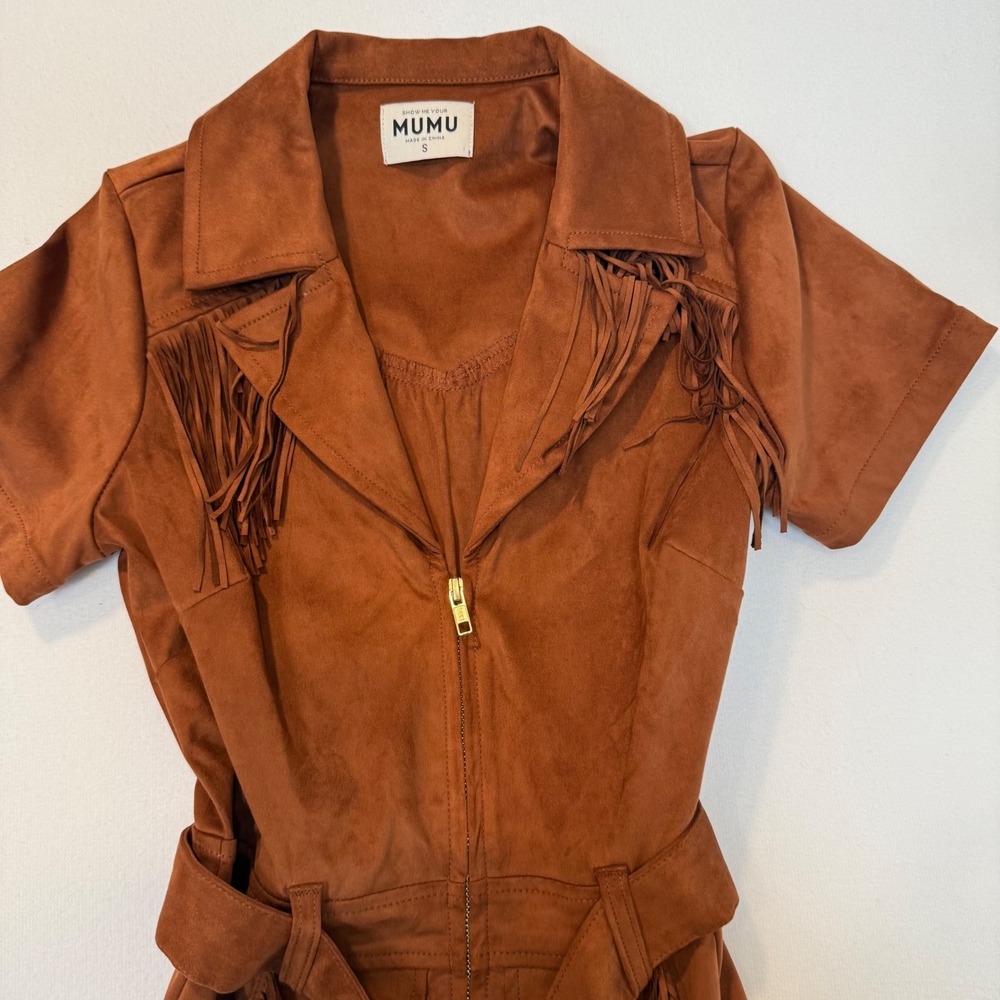 Show Me Your Mumu Outlaw Fringe Romper Tan Faux Suede Western Brown Small 0732 - Picture 3 of 8